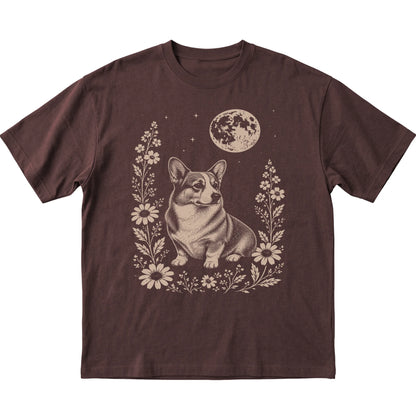 Dark Chocolate Moon Flowers Corgi T-shirt, flat view