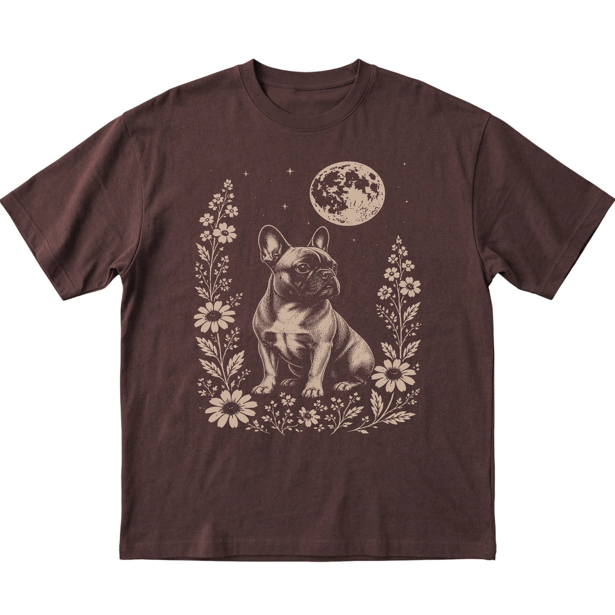 Dark Chocolate Moon Flowers French Bulldog T-shirt, flat view