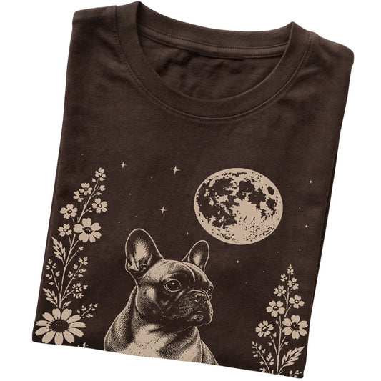 Dark Chocolate Moon Flowers French Bulldog T-shirt, folded view