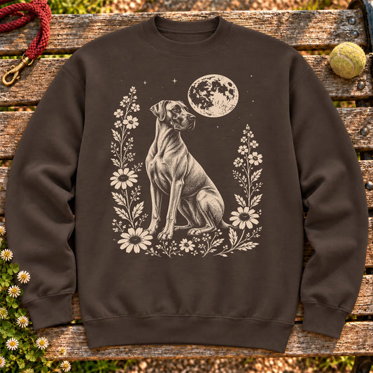 Great Dane Moon Flowers on a Dark Chocolate crewneck sweatshirt, shown flat