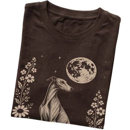 Dark Chocolate Moon Flowers Greyhound T-shirt, folded view