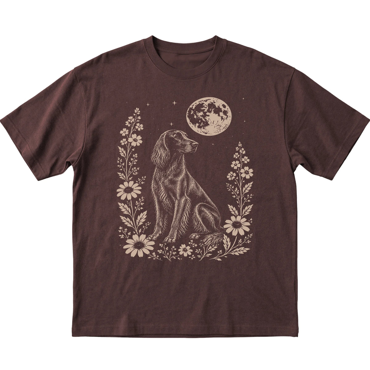 Dark Chocolate Moon Flowers Irish Setter T-shirt, flat view