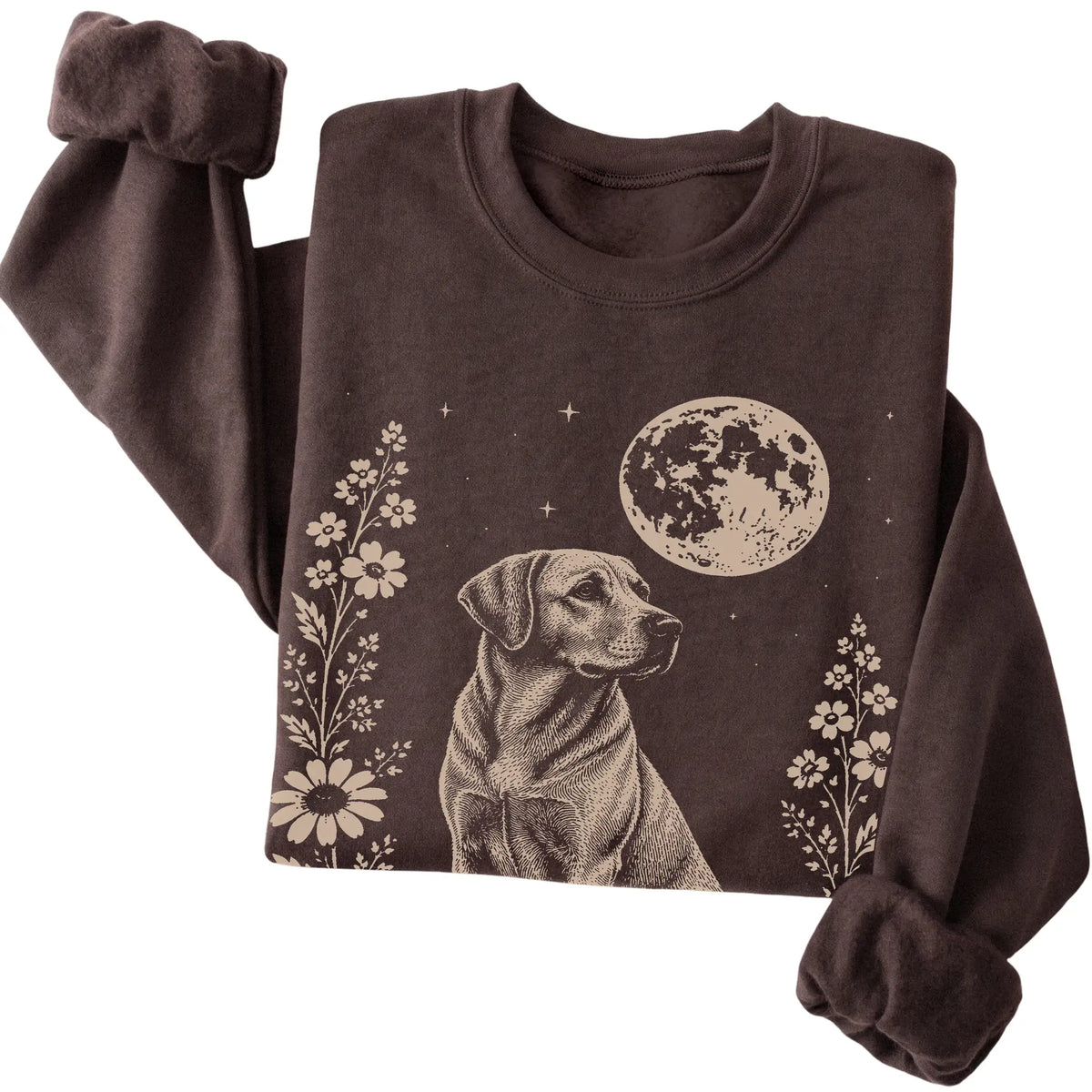Dark Chocolate Moon Flowers Labrador Retriever sweatshirt, folded view