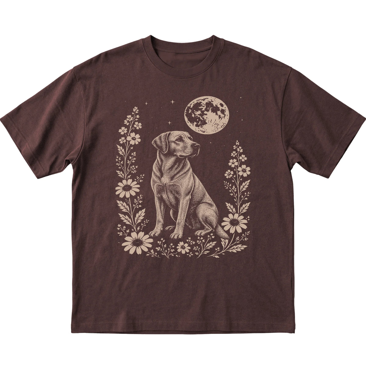 Dark Chocolate Moon Flowers Labrador Retriever T-shirt, flat view