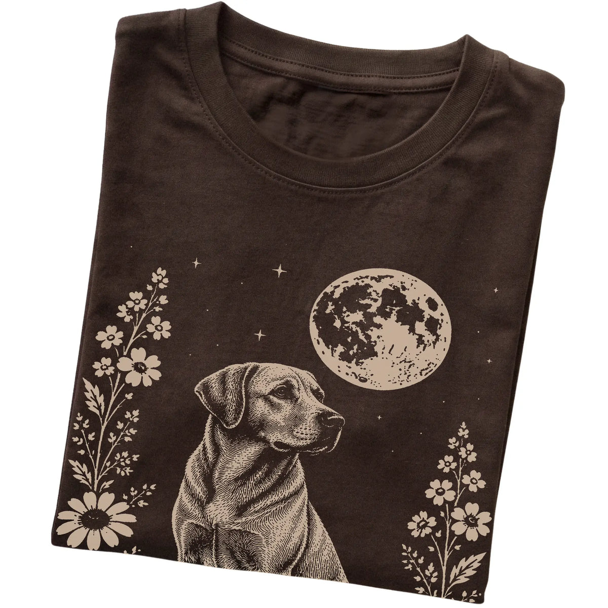 Dark Chocolate Moon Flowers Labrador Retriever T-shirt, folded view