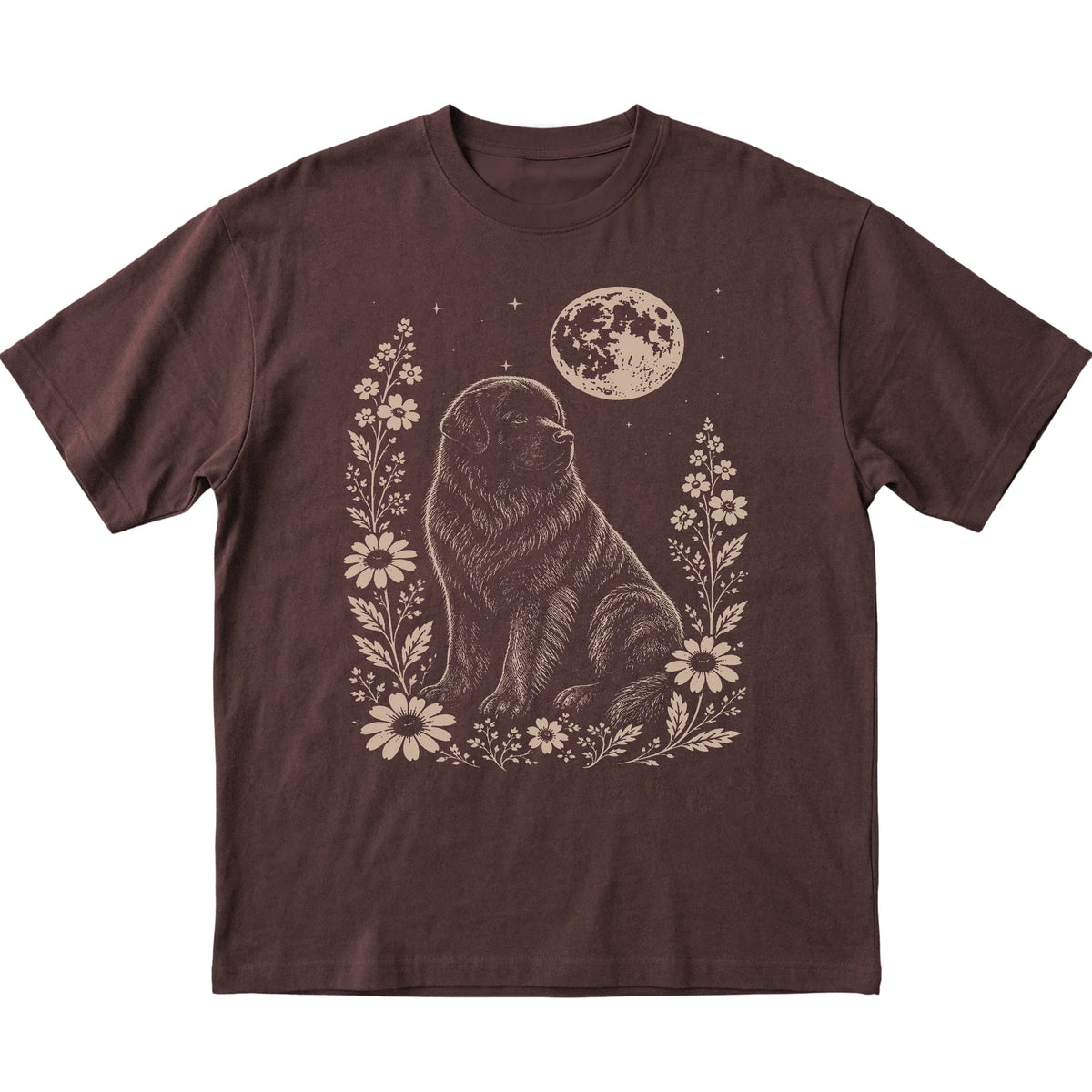 Dark Chocolate Moon Flowers Newfie T-shirt, flat view
