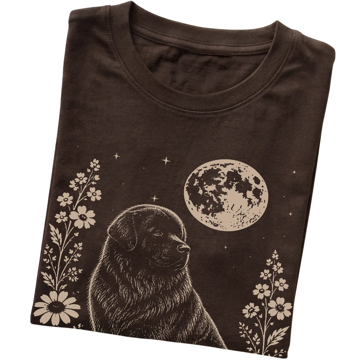 Dark Chocolate Moon Flowers Newfie T-shirt, folded view