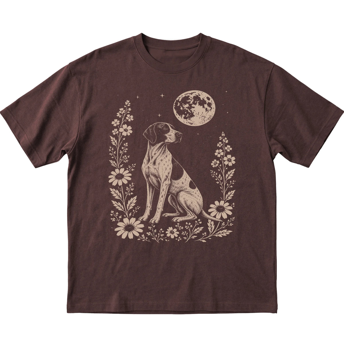 Dark Chocolate Moon Flowers Pointer T-shirt, flat view