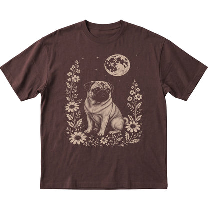 Dark Chocolate Moon Flowers Pug T-shirt, flat view