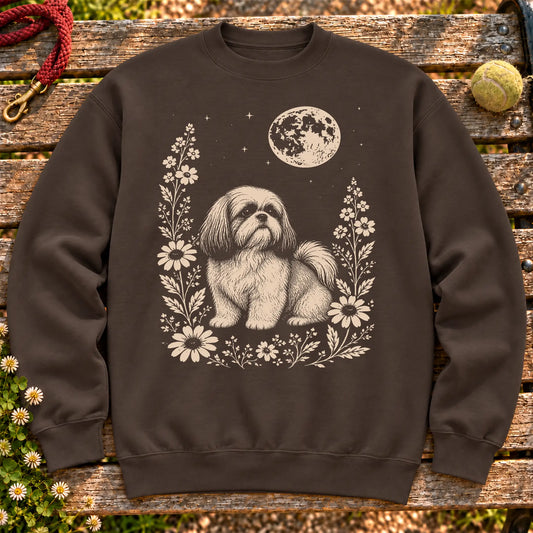 Shih Tzu Moon Flowers on a Dark Chocolate crewneck sweatshirt, shown flat