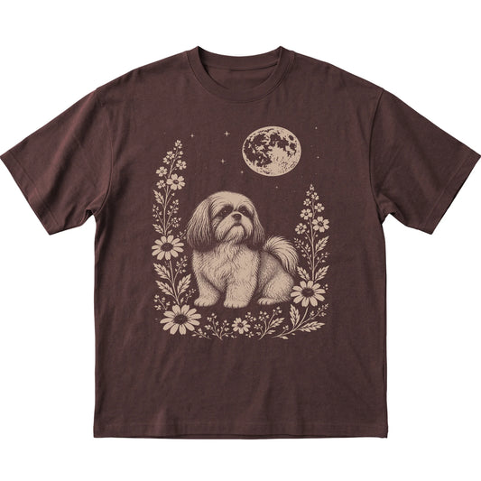 Dark Chocolate Moon Flowers Shih Tzu T-shirt, flat view