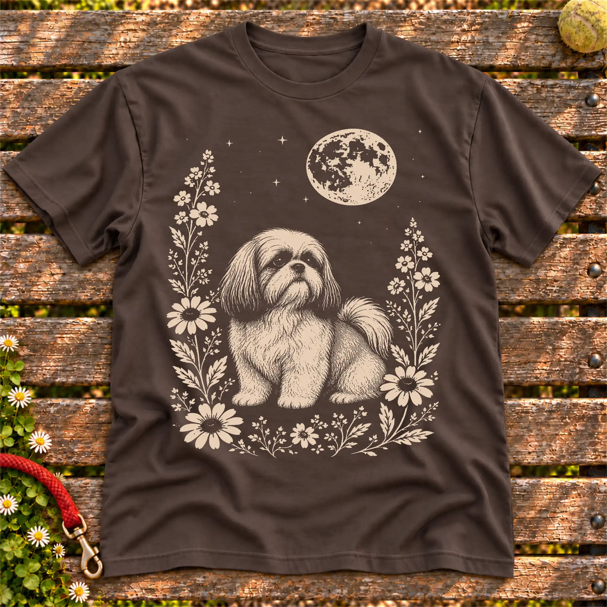 Shih Tzu Moon Flowers on a Dark Chocolate T-shirt, shown flat