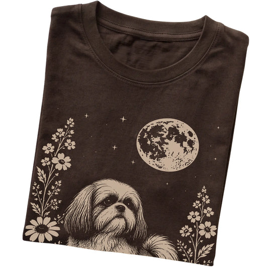 Dark Chocolate Moon Flowers Shih Tzu T-shirt, folded view