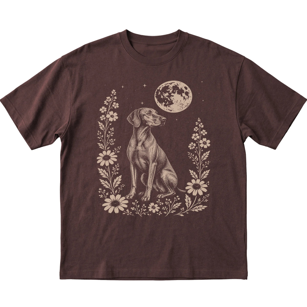 Dark Chocolate Moon Flowers Vizsla T-shirt, flat view
