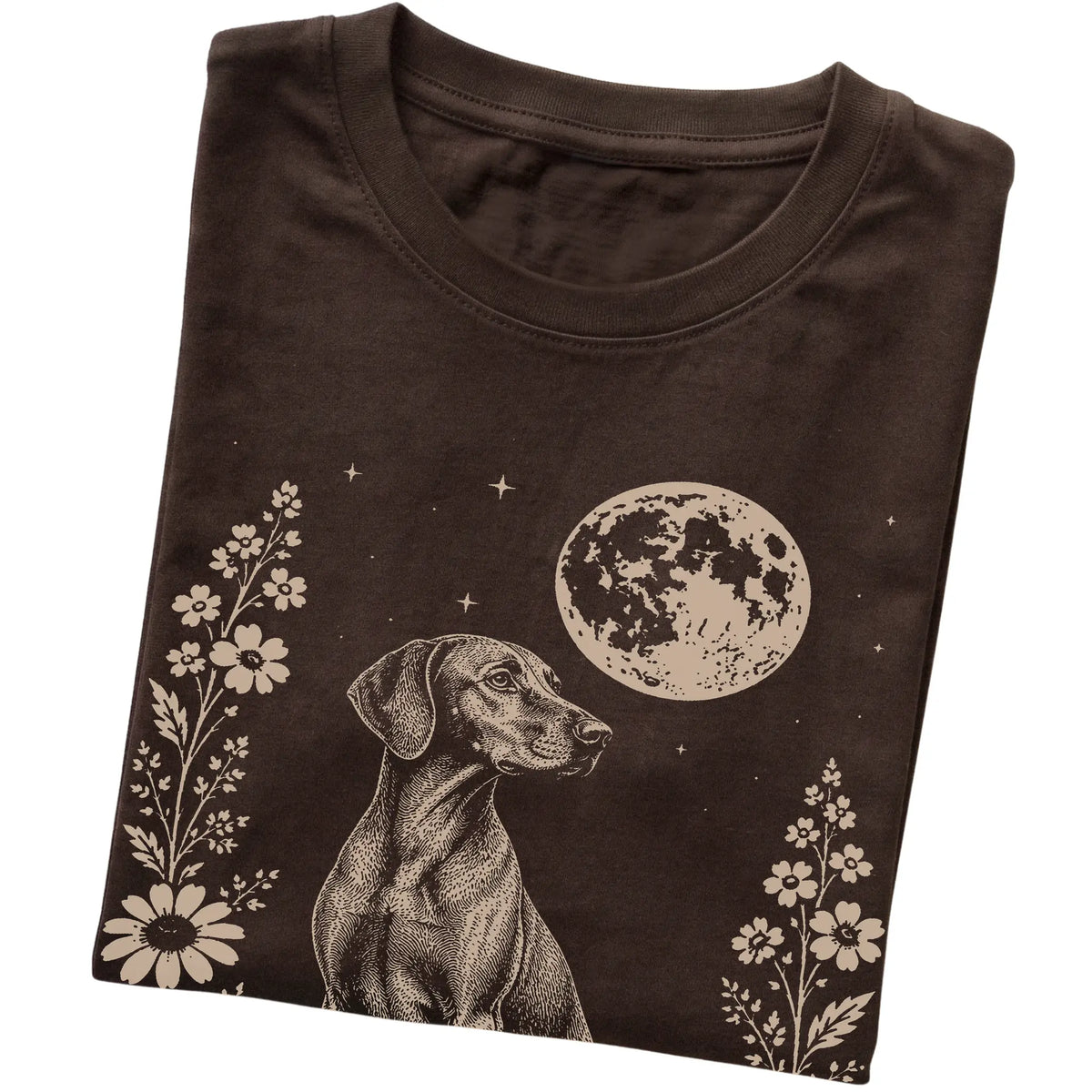 Dark Chocolate Moon Flowers Vizsla T-shirt, folded view