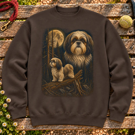 Shih Tzu Wildwood Moon design on a Dark Chocolate crewneck sweatshirt shown flat
