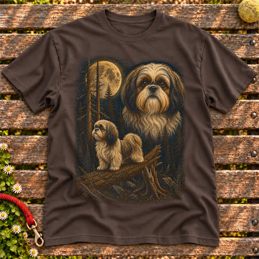 Shih Tzu Wildwood Moon design on a Dark Chocolate T-shirt shown flat