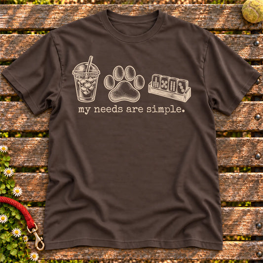 My Needs Are Simple coffee, dogs, and mahjong design on a Dark Chocolate Gildan T-shirt