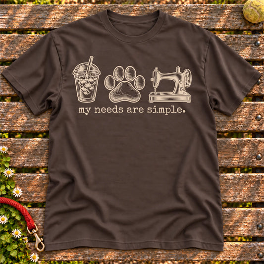 My Needs Are Simple coffee, dogs, and sewing design on a Dark Chocolate Gildan T-shirt