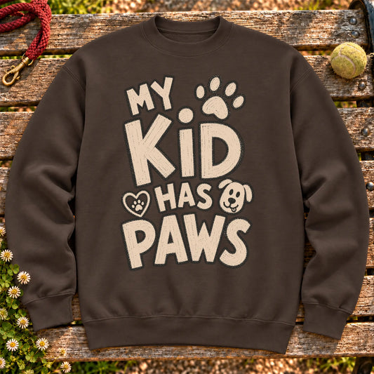 My kid has paws on a Dark Chocolate crewneck sweatshirt, shown flat