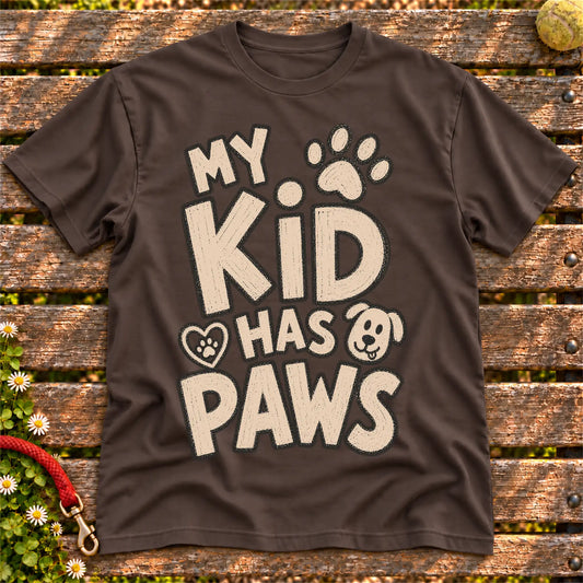 My kid has paws on a Dark Chocolate T-shirt, shown flat