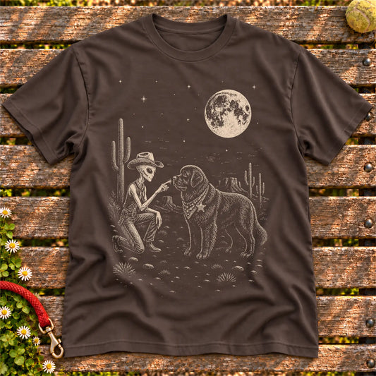 Newfie Cowboy and Alien on a Dark Chocolate T-shirt, shown flat