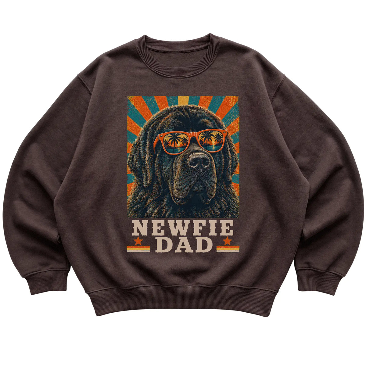 Retro Newfie Dad design on a Dark Chocolate crewneck sweatshirt