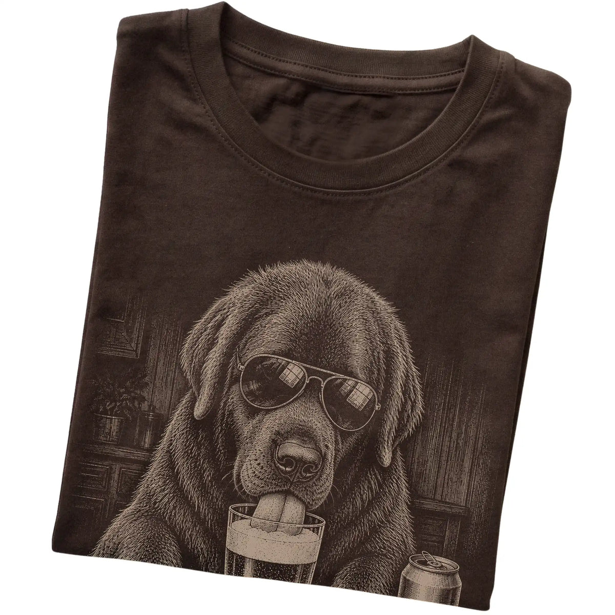 Dark Chocolate Newfie drinking from a pint at a bar, folded detail view