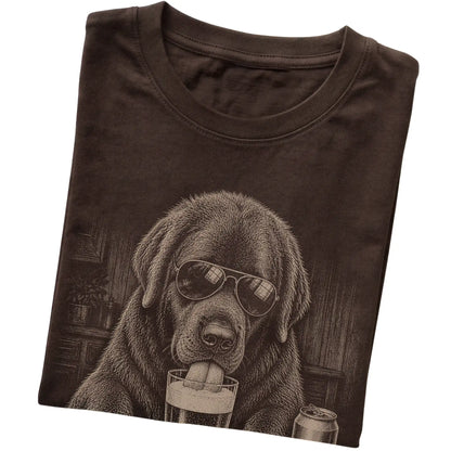 Dark Chocolate Newfie drinking from a pint at a bar, folded detail view