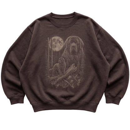 Newfie Moonlit Forest graphic on a dark chocolate crewneck sweatshirt laid flat