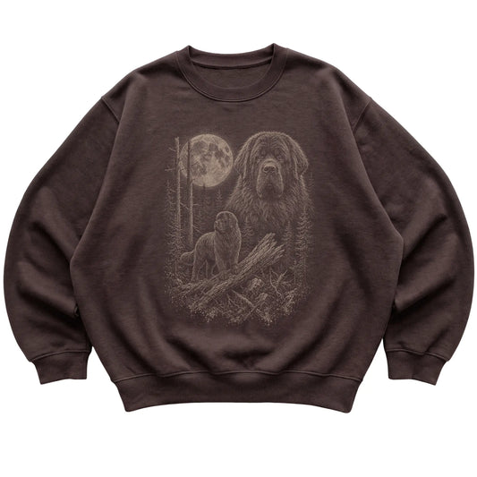 Newfie Moonlit Forest graphic on a dark chocolate crewneck sweatshirt laid flat