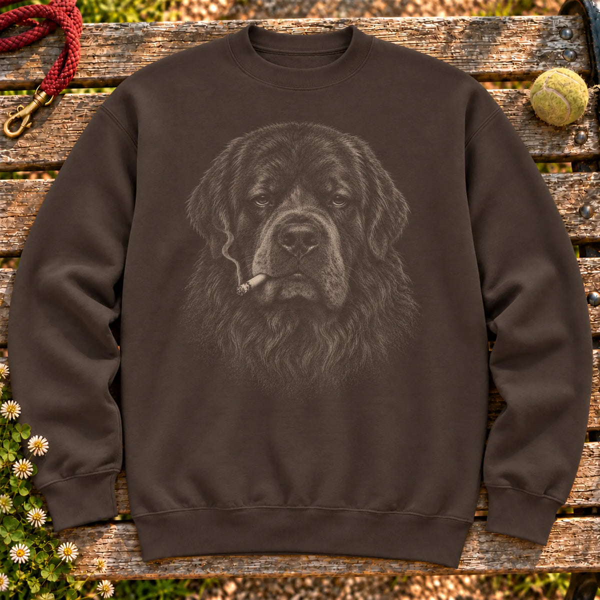 Newfie smoking design on a Dark Chocolate sweatshirt