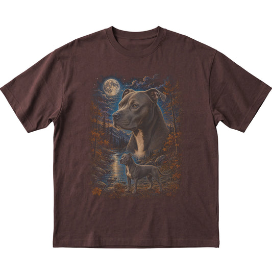 dark chocolate T-shirt with Pitbull Autumn Moon artwork.