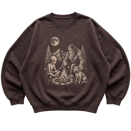 Dark Chocolate Pitbull Camping with Bigfoot and Alien shirt laid flat