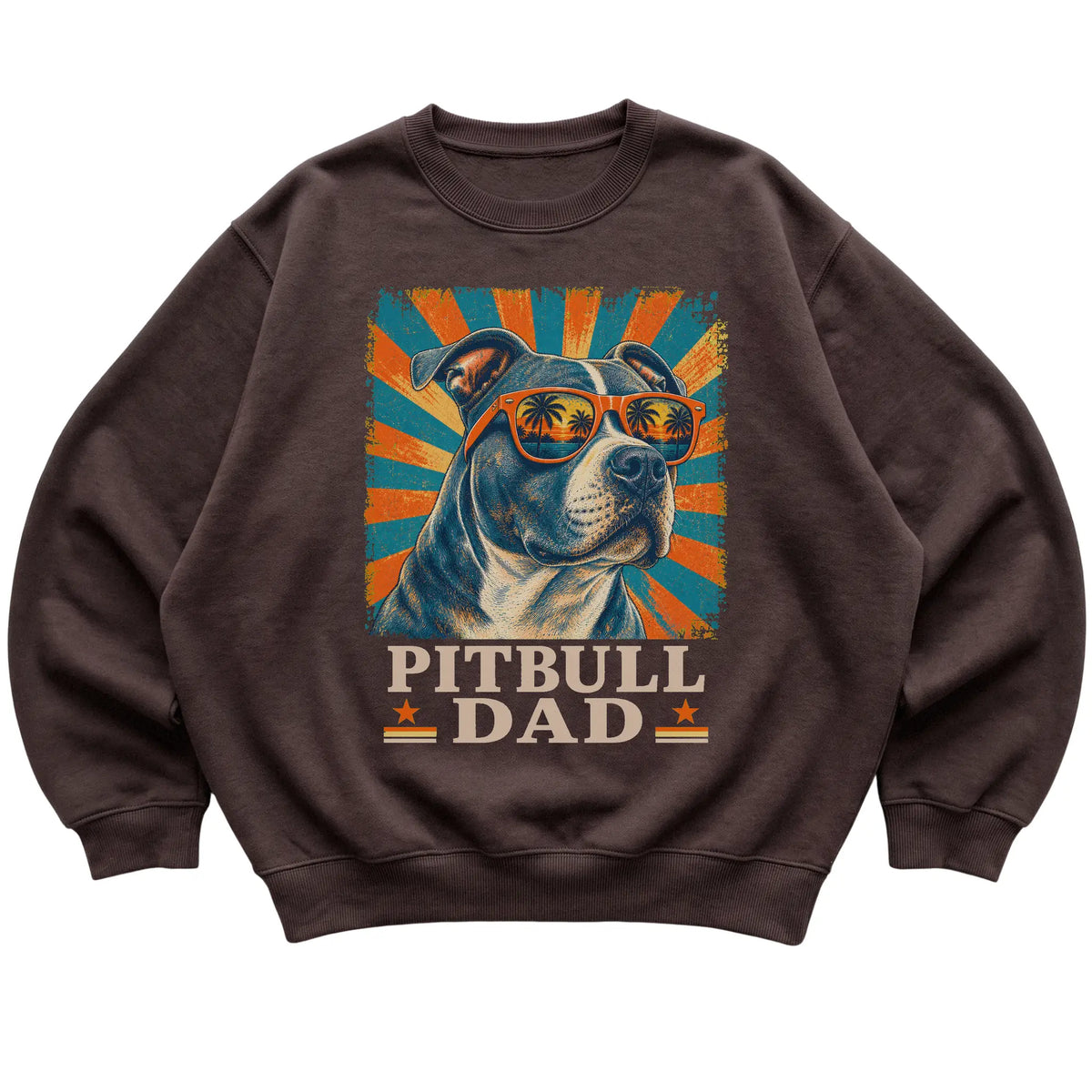 Retro Pitbull Dad design on a Dark Chocolate crewneck sweatshirt