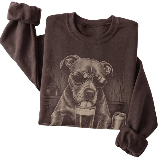 Dark Chocolate Pitbull drinking from a pint at a bar, folded detail view