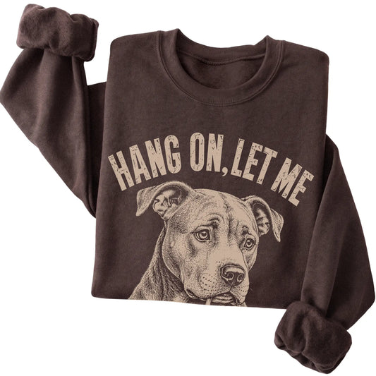 Dark Chocolate crewneck sweatshirt featuring Overthinking Pitbull, folded presentation