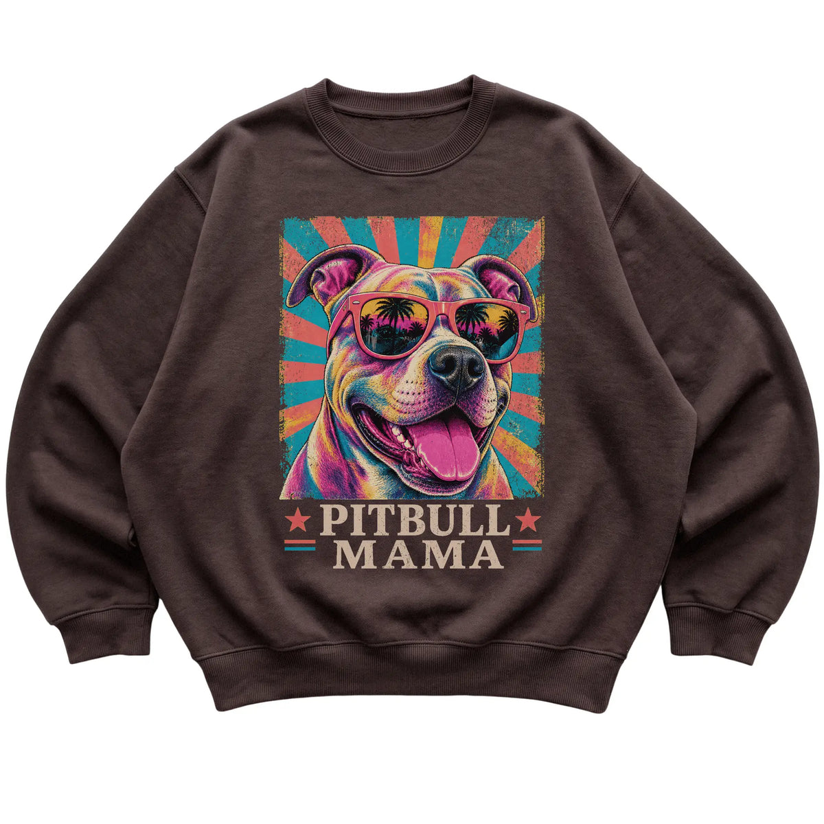 Retro Pitbull Mama design on a Dark Chocolate crewneck sweatshirt