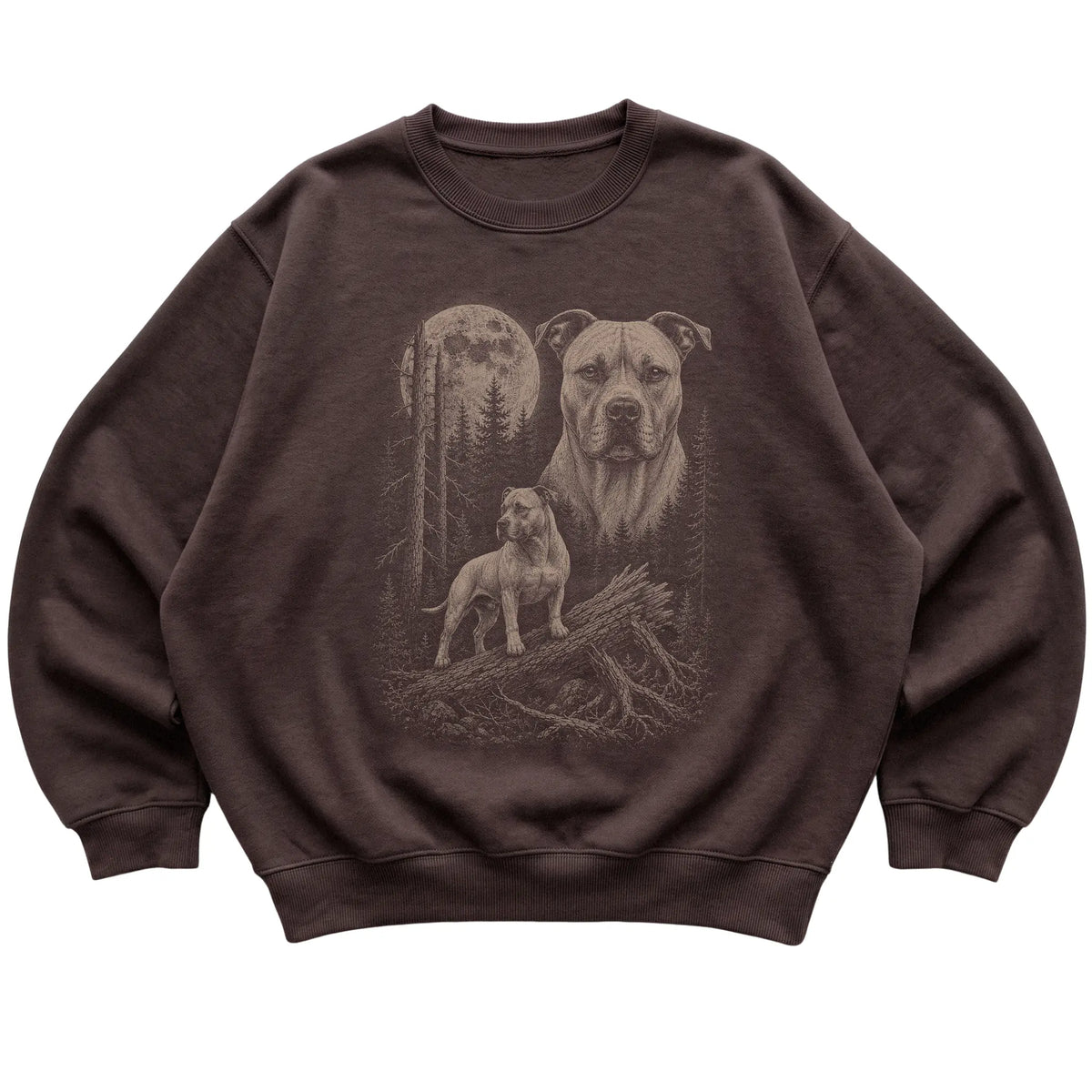 Pitbull Moonlit Forest graphic on a dark chocolate crewneck sweatshirt laid flat