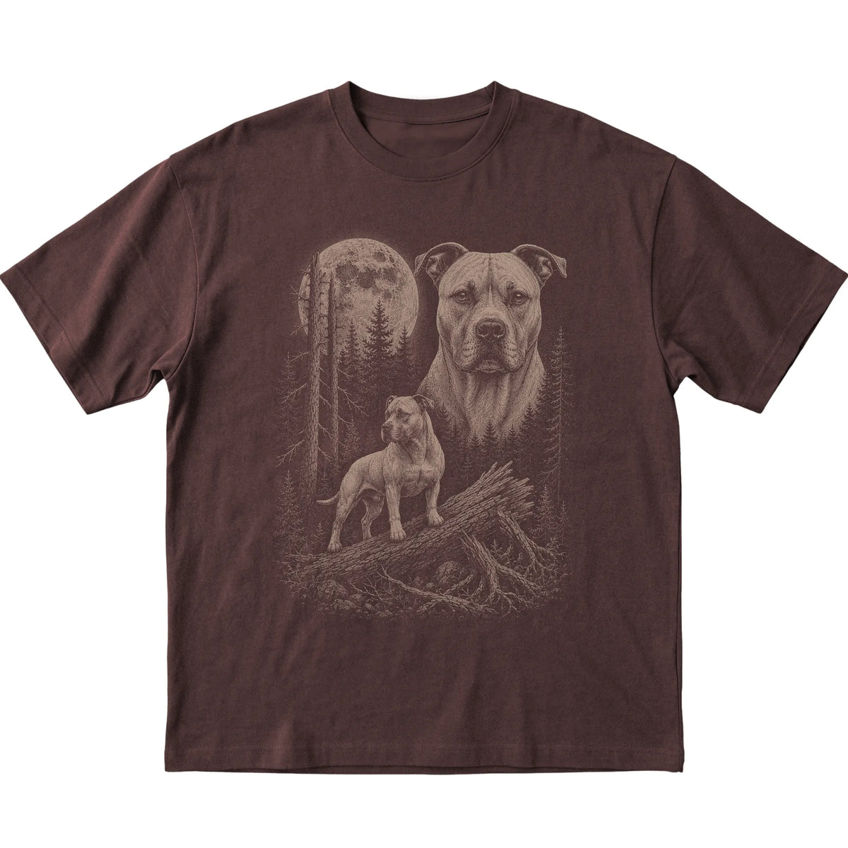 Pitbull Moonlit Forest graphic on a dark chocolate Softstyle T-shirt laid flat