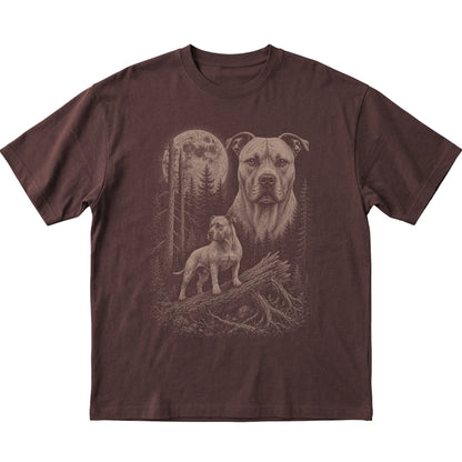 Pitbull Moonlit Forest graphic on a dark chocolate Softstyle T-shirt laid flat