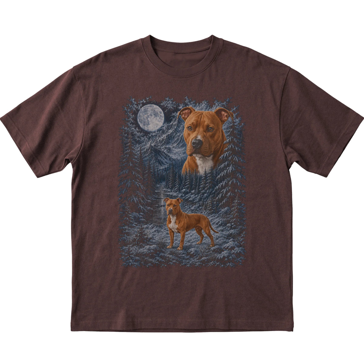dark chocolate T-shirt with Pitbull Winter Moon artwork.