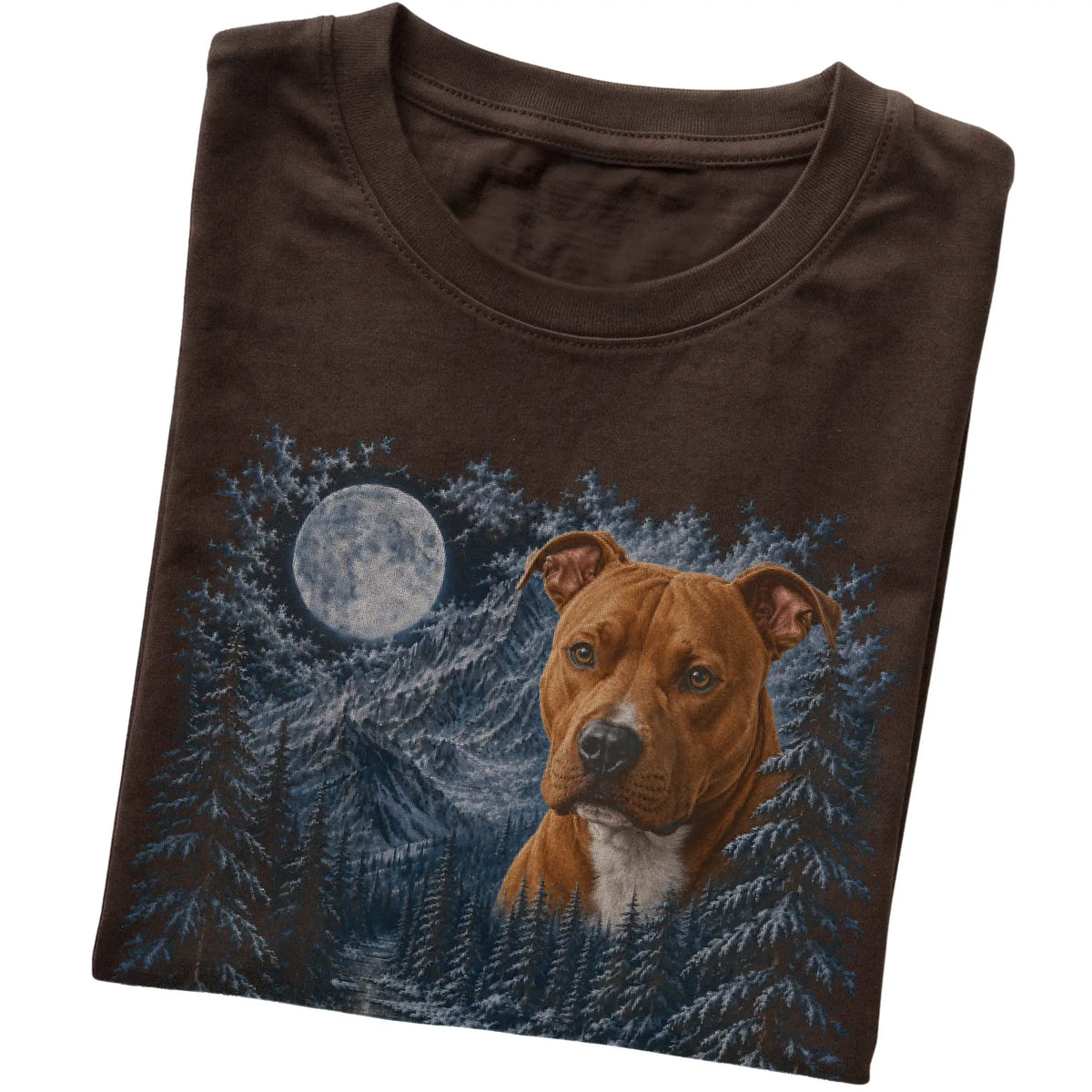 Folded dark chocolate T-shirt with Pitbull Winter Moon artwork.