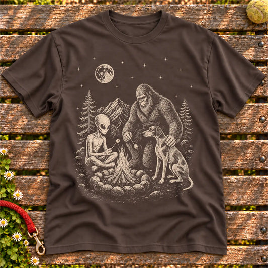 Pointer Camping with Bigfoot and Alien on a Dark Chocolate T-shirt, shown flat