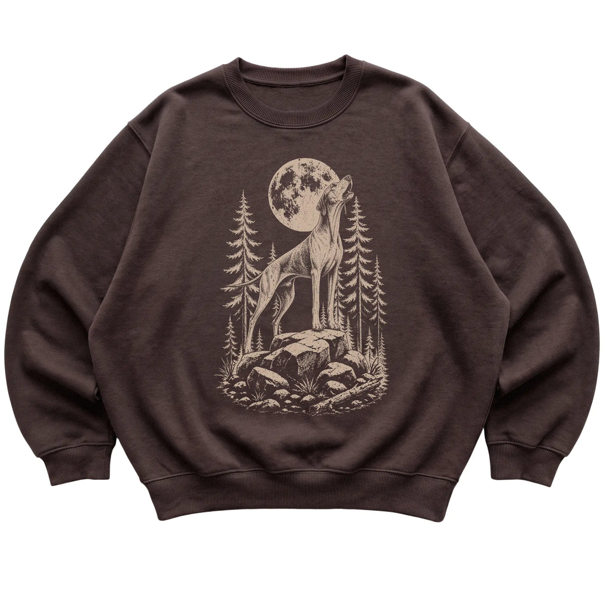 Close view of Pointer Howling at the Moon artwork on Dark Chocolate crewneck sweatshirt