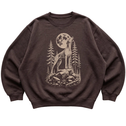 Close view of Pointer Howling at the Moon artwork on Dark Chocolate crewneck sweatshirt