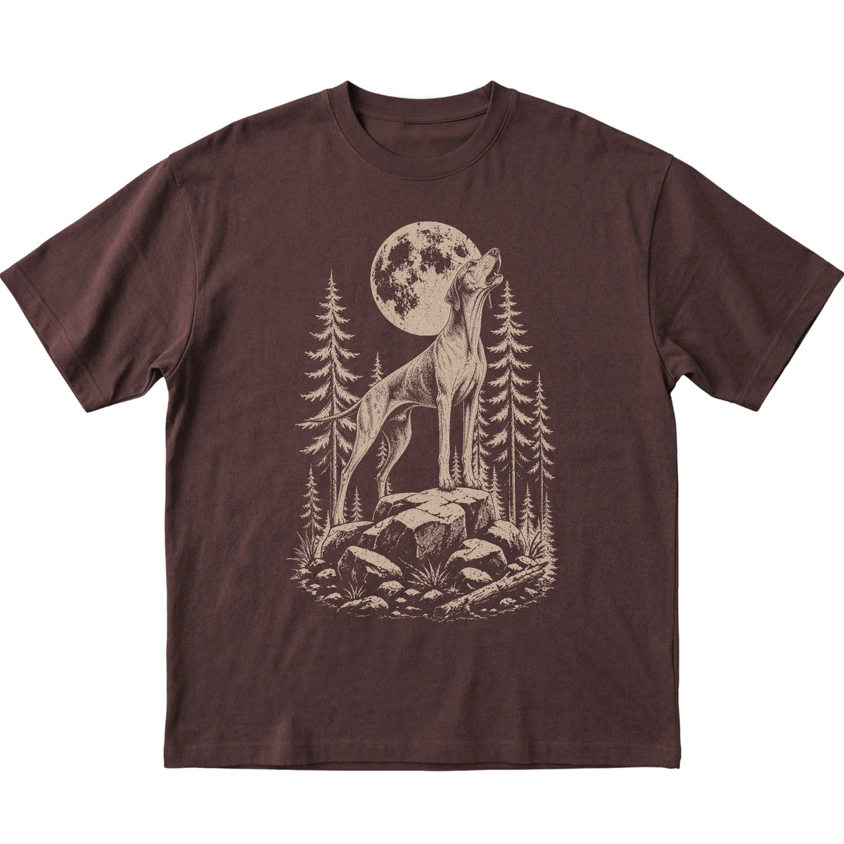Close view of Pointer Howling at the Moon artwork on Dark Chocolate softstyle T-shirt