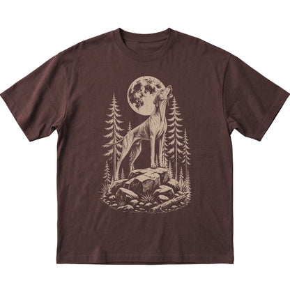 Close view of Pointer Howling at the Moon artwork on Dark Chocolate softstyle T-shirt