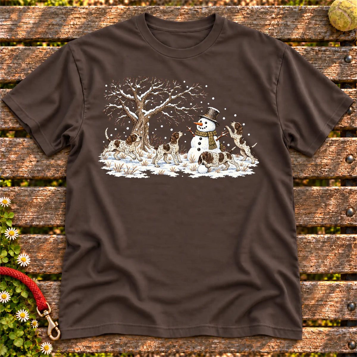 Pointer puppies playing in snow with a snowman on a Dark Chocolate T-shirt