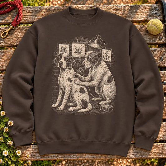 Pointer Tattoo on a Dark Chocolate crewneck sweatshirt, shown flat